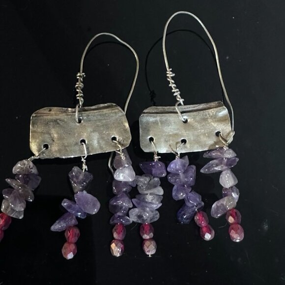 Amethyst Gemstone Purple Sterling Silver 925 Earrings Handmade Rustic Scrap - Picture 6 of 9